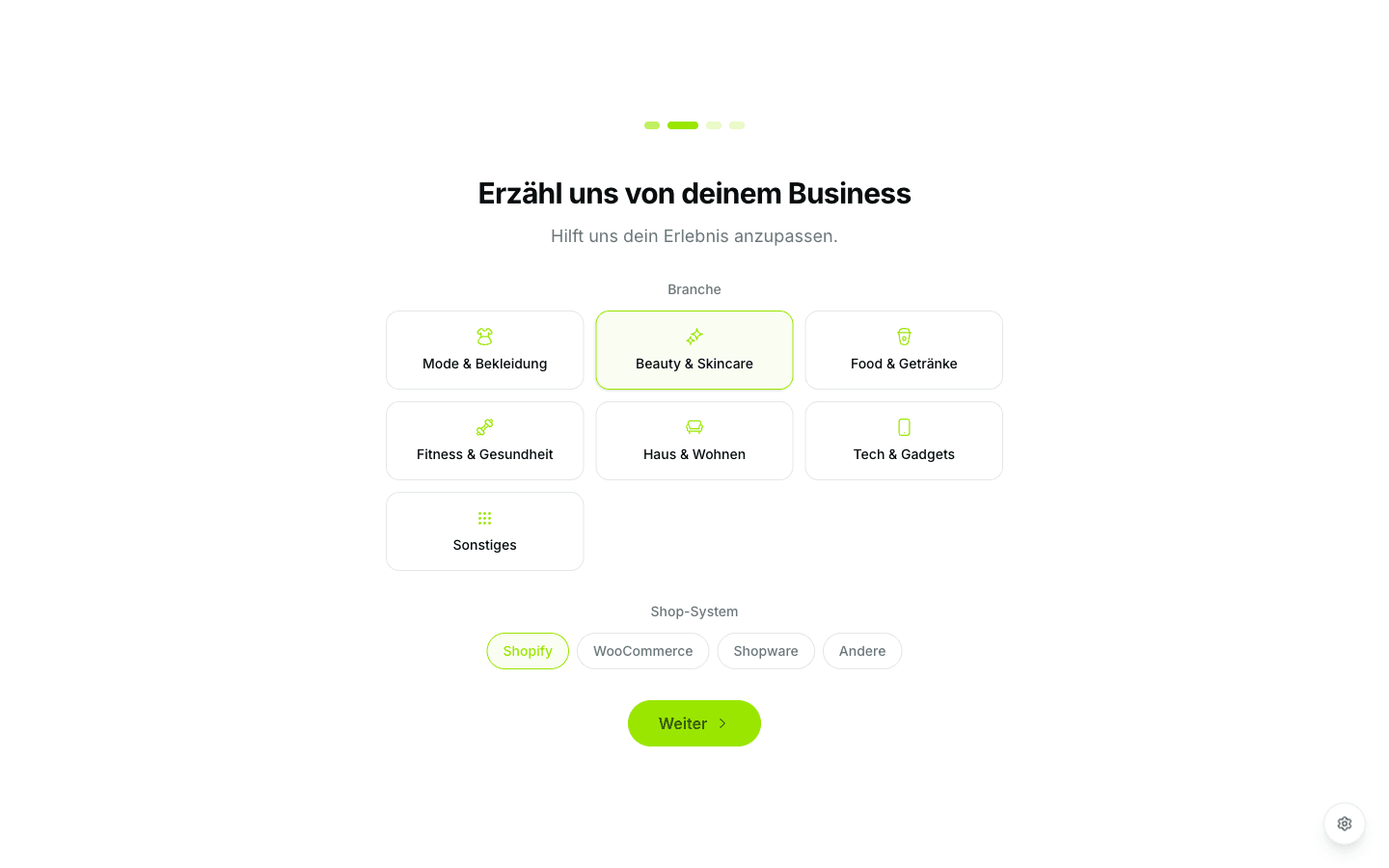 Onboarding Schritt 2: Branche und Shop-System